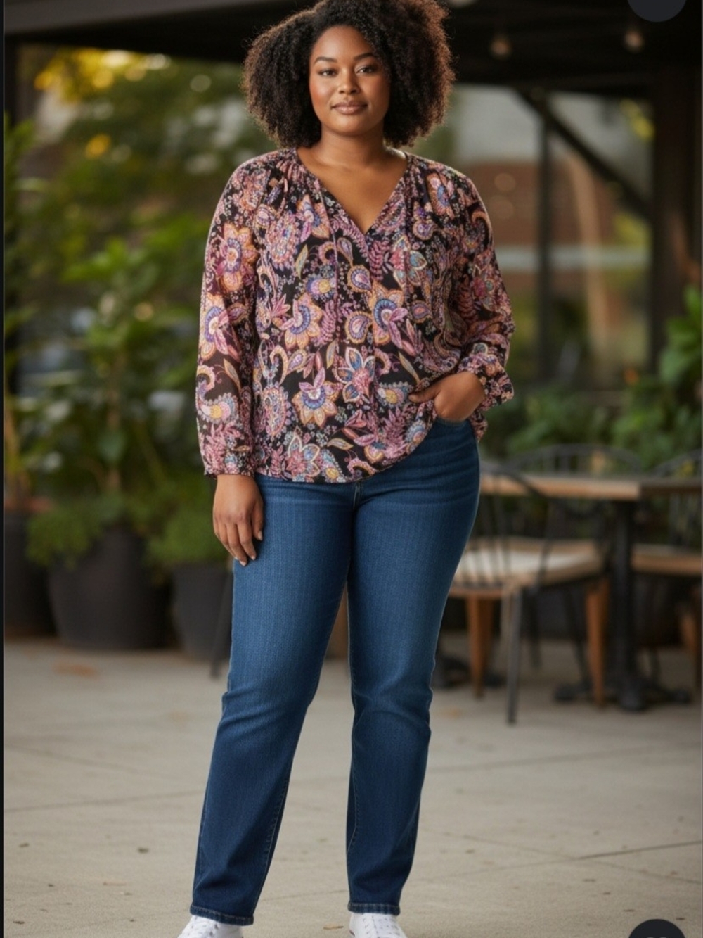 Plus Size Paisley V-Neck Top in Black and Pink